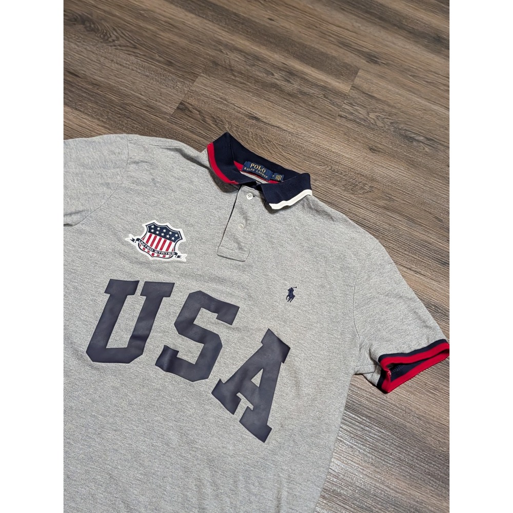 Polo Ralph Lauren Mens USA Graphic Polo Shirt Gray Slim Fit Short Sleeve Medium